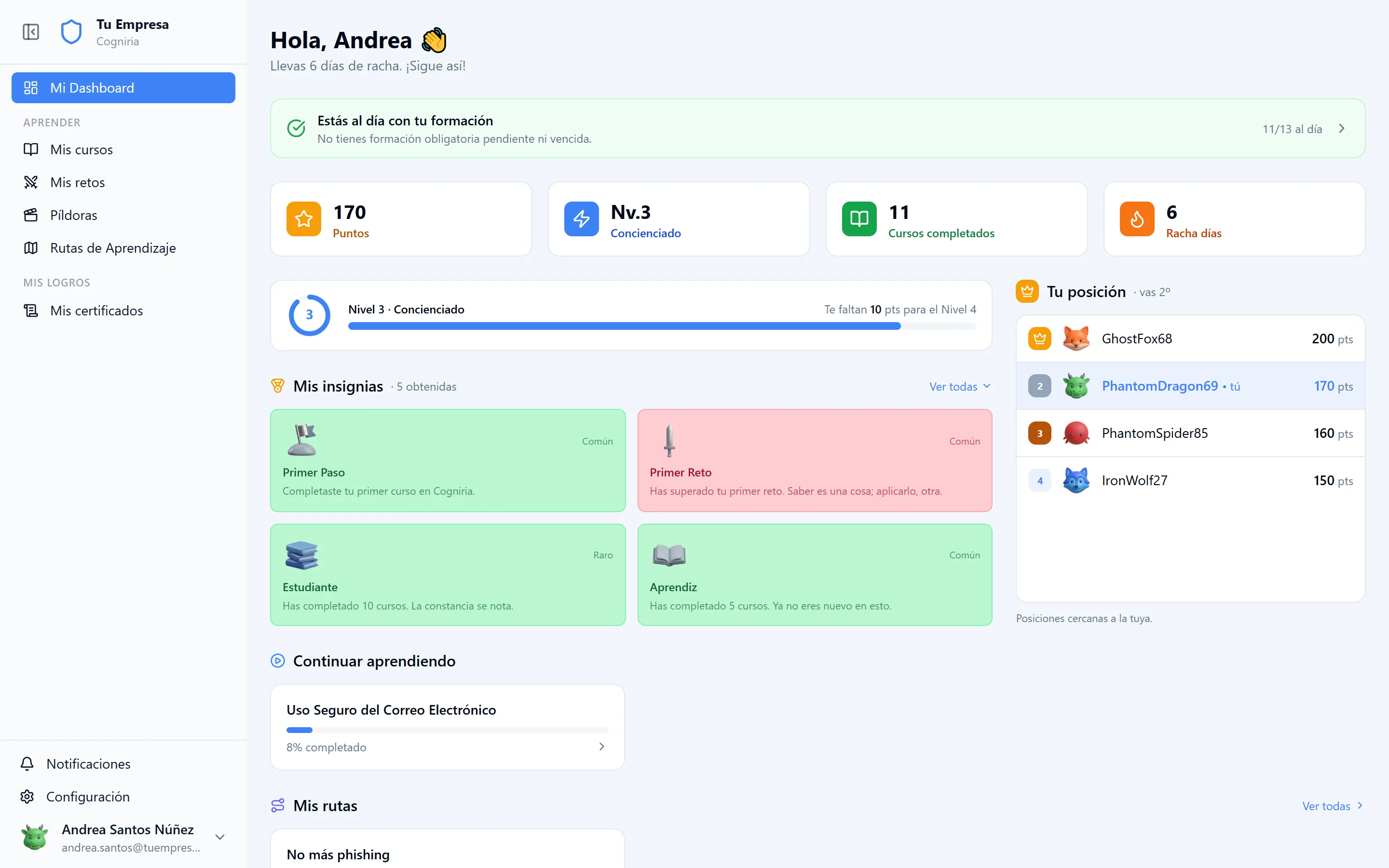 Panel del empleado en Cogniria: formación obligatoria al día, puntos, nivel, racha, insignias y ranking