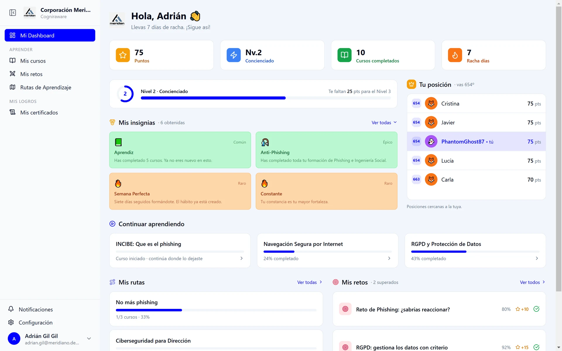 Panel del empleado: puntos, nivel, racha, insignias, rutas y retos